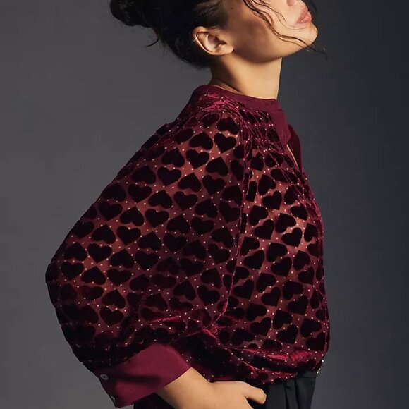 Anthropologie Maeve Velvet Burnout Blouse Heart Red Sheer Top - Picture 7 of 14